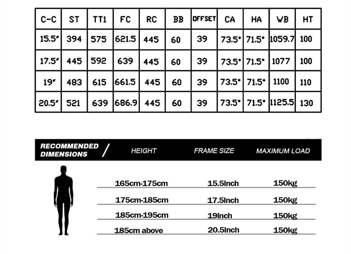 29er carbon mtb frame hight chart