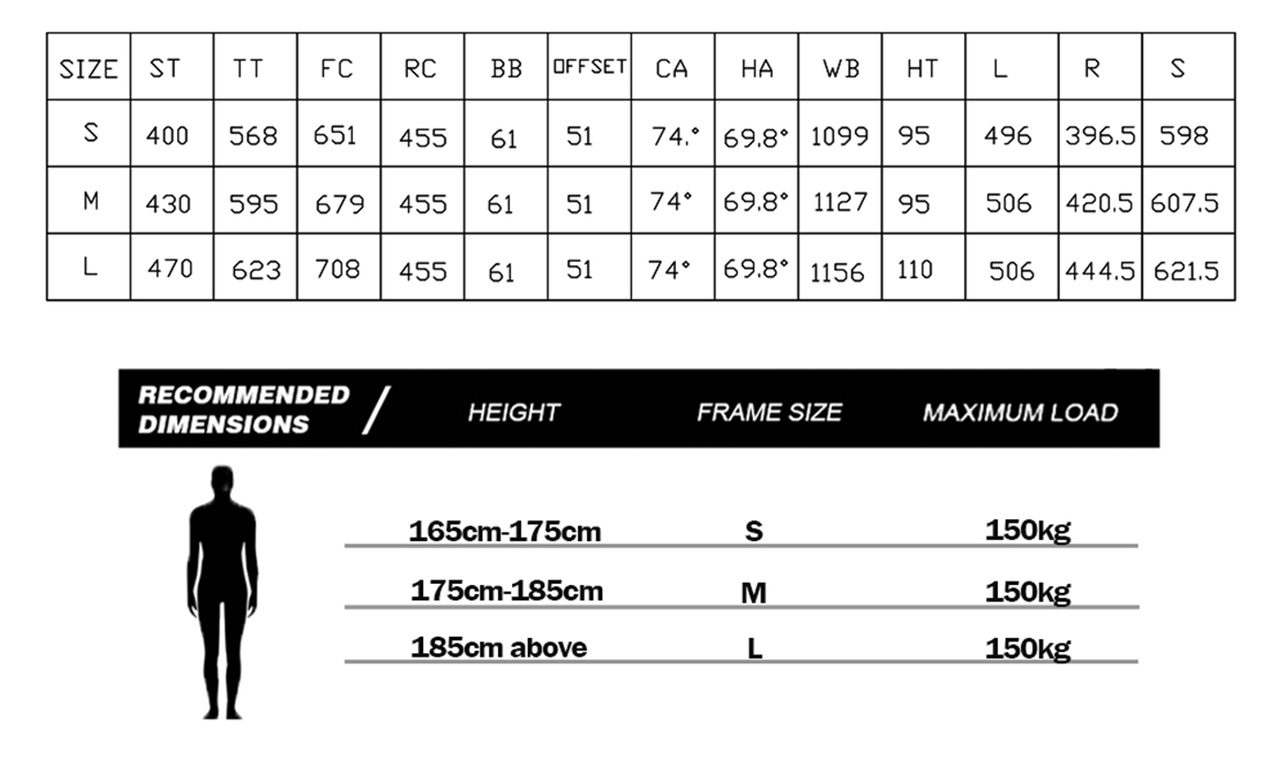 bsa mountain full carbon bike frame size chart